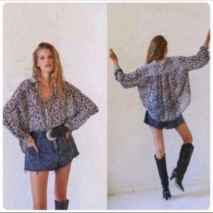 Free People Dani boho long sleeve button up black combo flowy slouchy blouse
